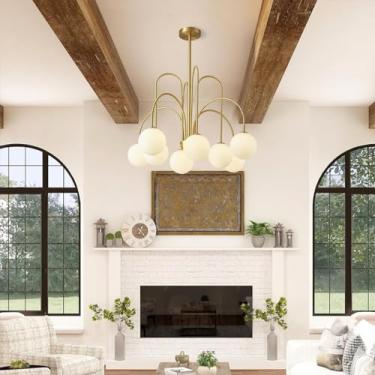 Imagem de Lustre medieval dourado com cúpula de vidro em formato de esfera, estilo Sputnik moderno, com 8 lâmpadas. Luminária decorativa criativa para restaurantes, cozinhas, ilhas, quartos, bares e h