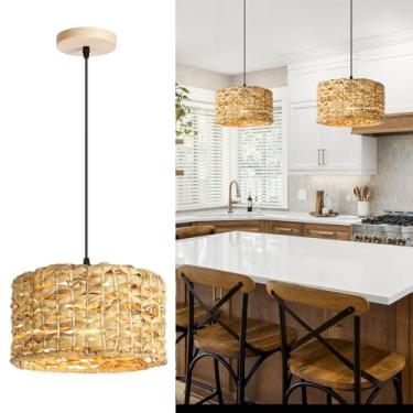 Imagem de Luminária pendente E27, estilo lustre, para ilha de cozinha, mesa de jantar, trançado em palha, rústica e moderna, ideal para sala de jantar, bar, casa de campo ou loja. Altura ajustável de