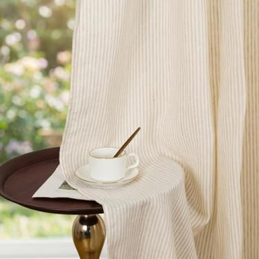 Imagem de HSOFTIFY 100% linho puro bolso para varão com cortinas riscas, 132 x 150 cm cortinas de janela texturizadas de linho natural para sala de estar, quarto, jantar, 1 painel, cáqui