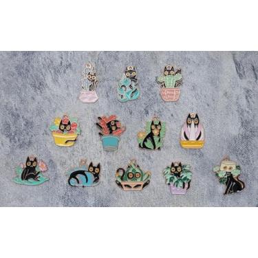 Imagem de 12 pingentes de gato preto com pingente de animal de metal esmaltado vegetal para fazer joias faça você mesmo, vários designs de gatos para colar, pulseiras, brincos, chaveiro, scrapbook, suprimentos