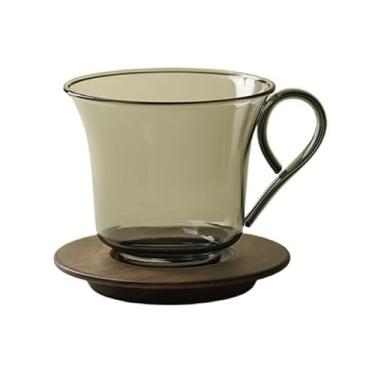 Imagem de x3anggyt5 Conjunto de copo de café de vidro de 221 g e porta-copos de madeira, xícara de chá de vidro borossilicato transparente com alça (cinza)
