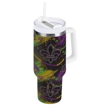 Imagem de Blueangle Copo térmico neon de 850 g Mardi Gras com alça e tampa de palha, caneca de viagem reutilizável de aço inoxidável (957)