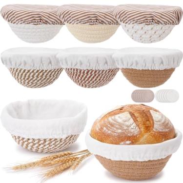 Imagem de Yiyiring Conjunto de 6 mini cestas Banneton à prova de pão, corda de algodão natural, 14 cm, kit de mini tigelas de impermeabilização com forro de pano, 6 cores, suprimentos para assar pão em casa