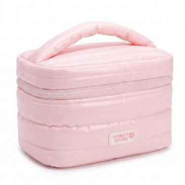 Imagem de Frasqueira Necessaire Puffer Premium Organizadora de Maquiagem e Viagem - Bolsa de Cosméticos Feminina Grande Capacidade Acolchoada - Design Moderno (Rosa)