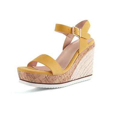 Imagem de Sandálias femininas com plataforma tipo alpargata, bico aberto, tira no tornozelo, fivela no tornozelo, sapatos casuais de verão, Amarelo, 38
