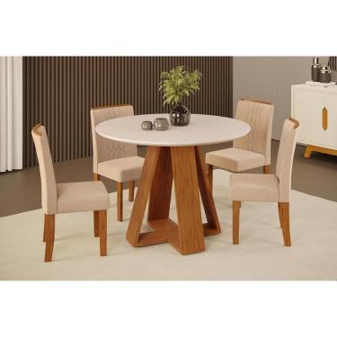 Imagem de Sala de Jantar Completa Celeste c/ Tampo Madeirado c/ Vidro Redondo 103x103cm e 4 Cadeiras Zoe Freijo/Off White - Suede Creme - DJ Móveis