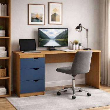 Imagem de Escrivaninha para Escritório 3 Gavetas Porto Azul/Freijó
