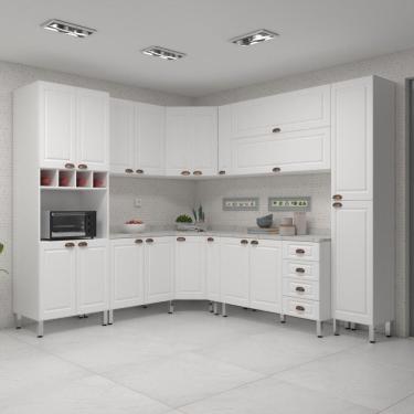 Imagem de Armário De Cozinha Completa 10 Peças Com Tampos E Espaço Para Micro-ondas Cristal Luciane Móveis Branco Polar Com Branco Pet E Marmore