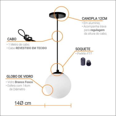 Imagem de Pendente Globo Esfera De Vidro Branco Fosco 14cm - Preto