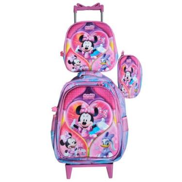 Imagem de Kit Mochila Minnie em 3D com Rodinhas + Lancheira Térmica + Estojo Esc