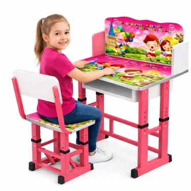 Imagem de Mesa Infantil Ajustavel Mesinha Cadeira Regulavel Estudos Bancada Didatica Nicho Prateleira Organizadora Meninas Rosa