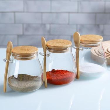 Imagem de Kit 3 Pote De Vidro Oval Tampa Bambu Hermético Colher 690ml - Pote de 