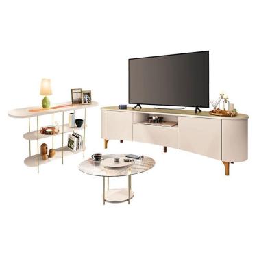 Imagem de Rack Bancada Elara Off White Champanhe e Mesa de Centro Sky com tampo de Vidro e Aparador Infinity Off White - HB Móveis