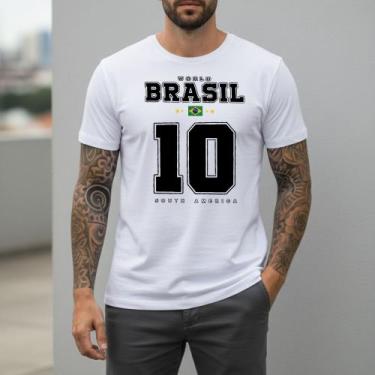 Imagem de Camiseta Masculina Branca Brasil Bandeira Futebol Copa 2026 Algodão Pr