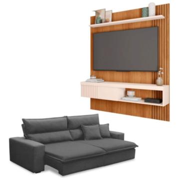 Imagem de Kit Sofá Trieste com Painel Esmeralda 55 para Sala 212cm Grafite-freijo-off White Ferguile Estofados