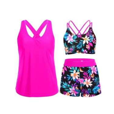 Imagem de Conjunto de Biquíni Tankini Holipick 3 Peças com Estampa de Flores Ros