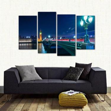 Imagem de Quadro Paisagem Noturna Londres Big Ben Em Tecido 4 Peças