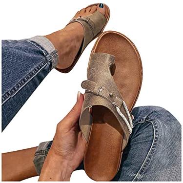 Imagem de Sandálias femininas Gibobby com salto plataforma romano confortáveis sandálias de fundo plano sem cadarço com clipe no dedo do pé sandálias de verão com tiras em T, Z12-cáqui, 8