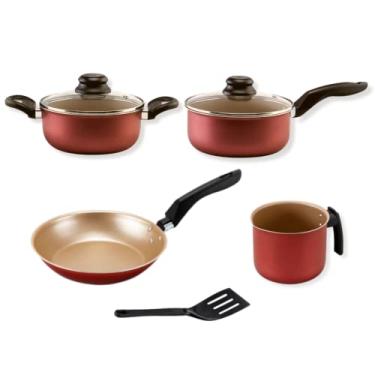 Imagem de Jogo de Panelas Cereja com Dourado Antiaderente Pequeno 5 Peças: Caneco 12cm Panela 16cm Caçarola 18cm Francesa 20cm 1 Espátula 25cm com Tampa de Vidro Não Gruda