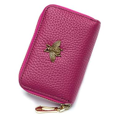 Imagem de imeetu Porta-cartão de crédito RFID, carteira de couro pequena com zíper para cartão para mulheres, B - fúcsia, Small, Clássico