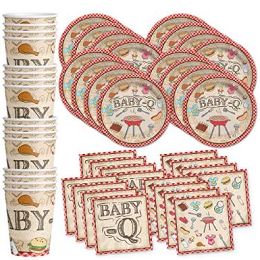 Imagem de Birthday Galore Baby-Q Conjunto de artigos de festa para chá de bebê, pratos, guardanapos, copos, louças, kit para 16