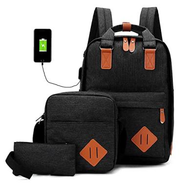 Imagem de Mochila casual para laptop 3 peças masculina nylon universitário bolsas de computador carregamento USB mochila de viagem multiuso para caminhadas ao ar livre, preta, 38 x 27 cm