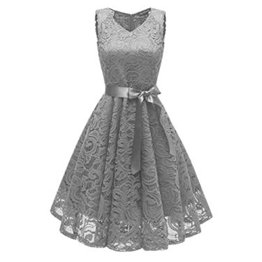 Imagem de GisTeq Vestidos de outono manga vestido feminino de festa de convidado de casamento vazado feminino, Cinza, M