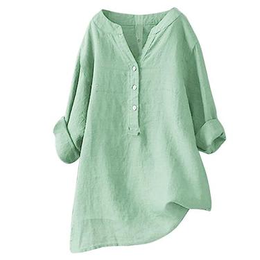 Imagem de Camisa feminina de linho bege Elogoog Linen Button Down Shirt feminina leve manga curta ajuste solto colarinho trabalho blusa solta tops túnicas blusas de páscoa para mulheres (verde-b, 4GG)