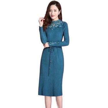 Imagem de Vestido de malha fino de renda outono inverno vestidos femininos quentes manga longa midi tricô vestidos suéter vestidos coreanos, Azul, PP