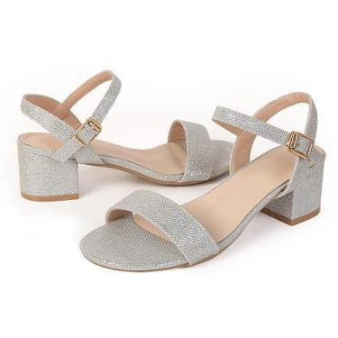 Imagem de kkdom Sandálias femininas de salto grosso, bico aberto, tira no tornozelo, glitter, salto baixo, Prata, 34