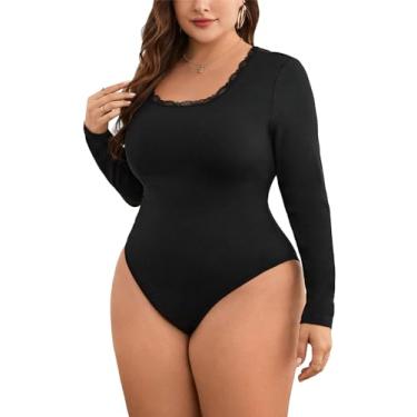 Imagem de SOLY HUX Body feminino plus size, manga comprida, gola redonda, caimento justo, camisetas básicas, Preto liso, 0XL