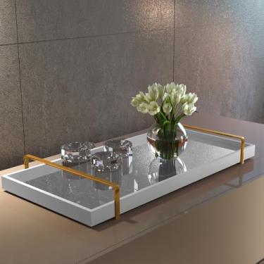 Imagem de Bandeja Decorativa Para Servir Espelhada Com Alça Dourada (Branca)