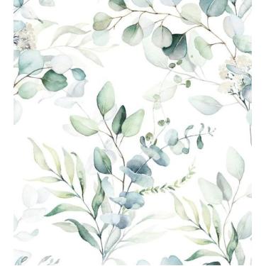 Imagem de Papel de Parede 1 Metro Floral em Tons de Verde com Fundo Branco Ramos