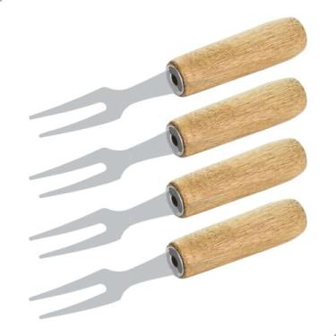 Imagem de Kit 4 Garfinhos Inox Para Petiscos Frutas Cabo Madeira Garço Aço Inox 