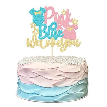 Imagem de 1Pc Pink or Blue Cake Topper with Glitter Onesie Dress We Love You Cake Pick Gender Reveal Cake Decorations for Baby Shower Gender Reveal Theme Kids Boys Girls Birthday Party Decoration Supplies