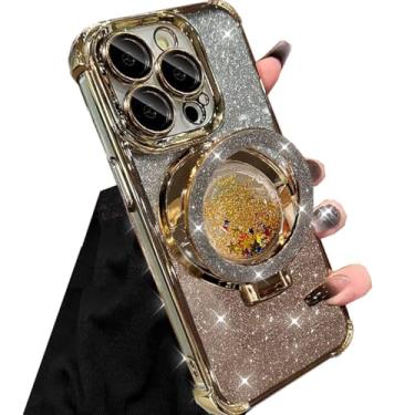 Imagem de Changjia Capa com suporte líquido com glitter para iPhone 16 Pro Max, linda luxuosa cintilante com protetor de câmera, anel fluido, suporte, revestimento de TPU (poliuretano termoplástico), à prova de