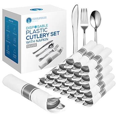 Imagem de Elegante conjunto de talheres de plástico, 25 facas descartáveis pesadas, colheres, lindamente apresentadas em guardanapos de festa pré-enrolados, talheres premium de uso único para eventos formais e