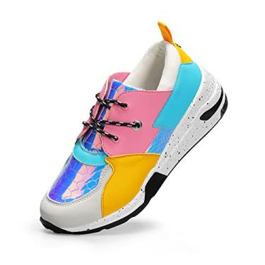 Imagem de LUCKY STEP Tênis feminino de salto alto, plataforma, estilo cliff, retrô, com cadarço, casual, Holograma branco/multi, 38
