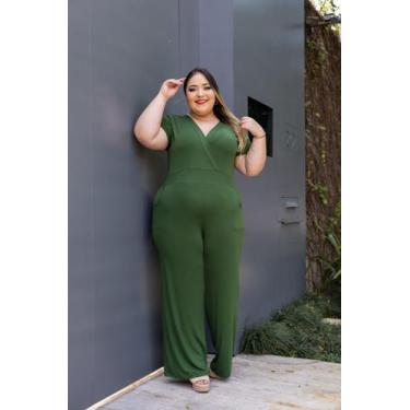 Imagem de Macacão Plus Size Decote em V com Manga e Bolso - luh may, Verde, GG