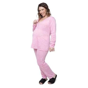 Imagem de Pijama longo Rosa Maternidade e Gestante com Botões estrela Linda Gest