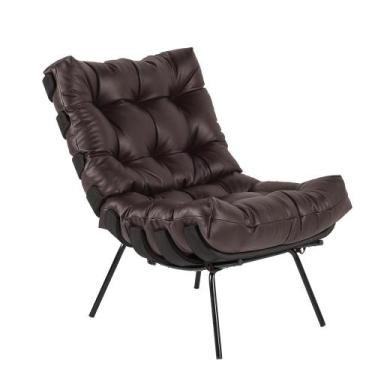 Imagem de Poltrona Decorativa Sala de Estar Costela Base Preta Couro Marrom G34 