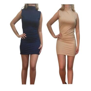 Imagem de KIT C/2 Vestidos Gola Alta Canelado - Emporio J, Marinho, Areia, Unico