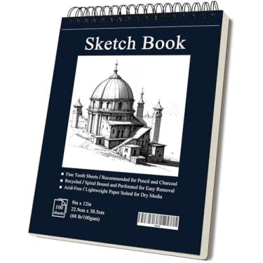 Imagem de Caderno de esboço de 23 x 30 cm, bloco de esboço de artista, caderno de esboços com espiral superior para crianças e adultos, 1 pacote com 100 folhas 40 kg/100 g/m²