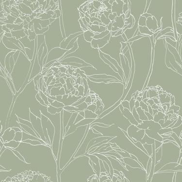 Imagem de VEELIKE Papel de parede floral peônia verde sálvia para descascar e colar papel de parede floral esboço boho papel de contato verde removível para armários de parede 40 x 900 cm papel de parede de