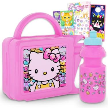 Imagem de Hello Kitty Lancheira para meninas – Pacote com lancheira Hello Kitty com garrafa de água Hello Kitty mais adesivos, tatuagens, mais | Conjunto de recipientes de lancheira Hello Kitty