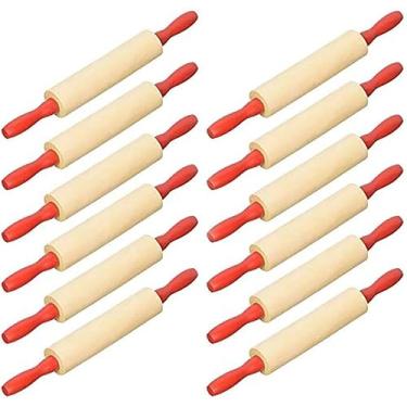 Imagem de Mini rolo de massa de 19 cm para massinha de brincar - Rolo de massa infantil de madeira para pequenos padeiros, com alças vermelhas, rolo de argila para artes e artesanato, 19 cm (pacote com 24)