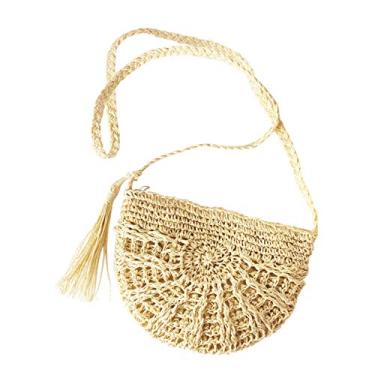 Imagem de Ayliss Bolsa tiracolo feminina de palha transversal para praia feita à mão Bolsa de ombro com borlas, Half Round-beige, One Size