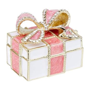 Imagem de SUPERFINDINGS Caixa de bugigangas com laço, mini bugigangas esmaltadas de metal com dobradiça, caixa de joias rosa com strass esmaltado, caixa de presente com nó de laço, mini caixa de anel de