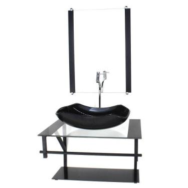 Imagem de Gabinete Vidro Banheiro 60Cm Ap Cuba Abaulada Preto Torneira - Cubas E