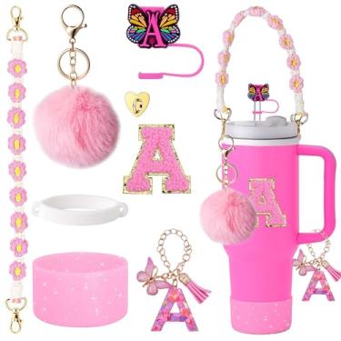 Imagem de Conjunto de acessórios de copo de 8 peças para Stanley 850 g 1,134 g, decorações de iniciais de copo para Stanley, incluindo capa de palha Stanley, bota brilhante rosa, pingente de alça, adesivo de